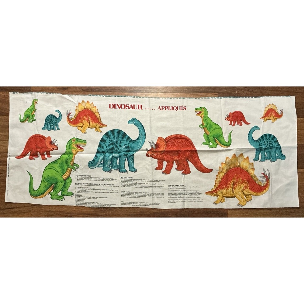 VTG Dinosaurs Applique Kids Fabric Panel Joan Messmore T-Rex, Triceratops Stego+